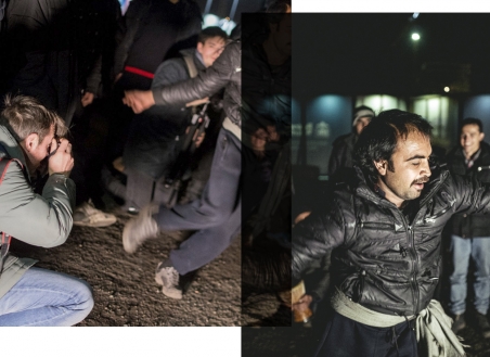 What do photographers when they photograph refugees? Documenting, accusing, making money – or something in-between? This image depicts n-ost photographer Florian Bachmeier at the inofficial refugee camp in Belgrade. / Foto: Nacho Toyos (r), Florian Bachmeier (l)