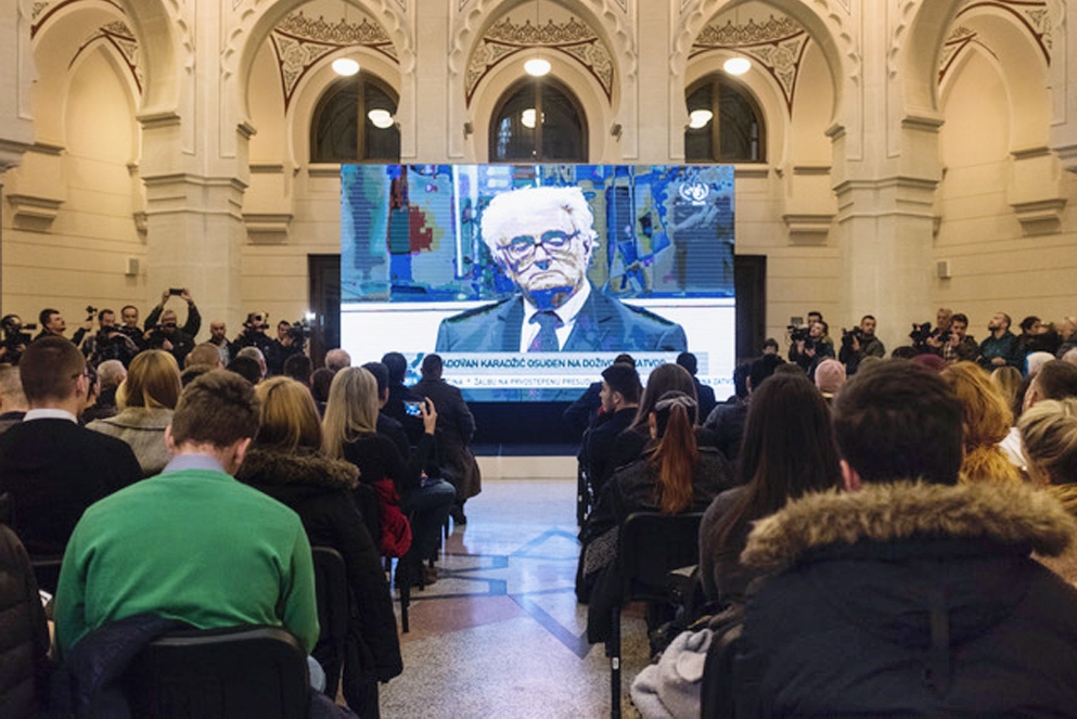 The live broadcast of the appeal procedure Karadzic´s at the Sarajevo City Hall on 20 March. / Photo: Post-Conflict Research Center (PCRC)