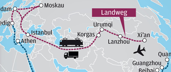 Über Osteuropa sollen Waren aus dem Reich der Mitte schneller in den Westen gelangen. Dazu pumpt Peking Milliarden in die Infrastruktur. / Grafik: Martin Cmund, WirtschaftsBlatt